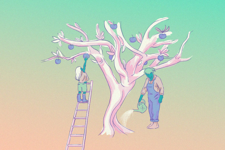 Arbre fruitier avec cueilleuses